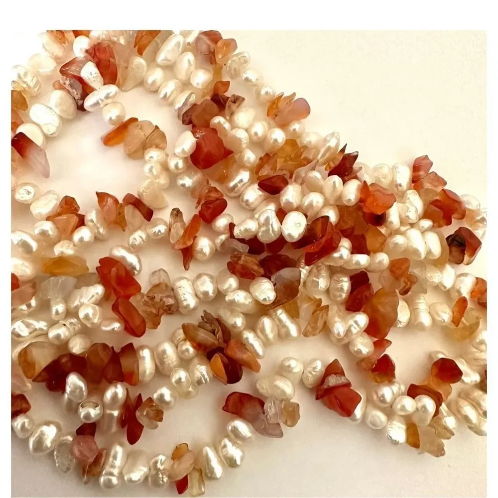 Freshwater pearl and carnelian chip long necklace